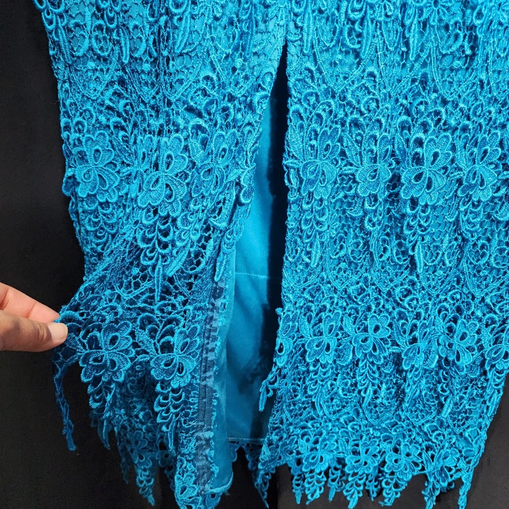 Cattiva Vintage Turquoise Blue Tiered Floral Guipure Lace Evening Gown 12 USA‎ - Picture 3 of 8